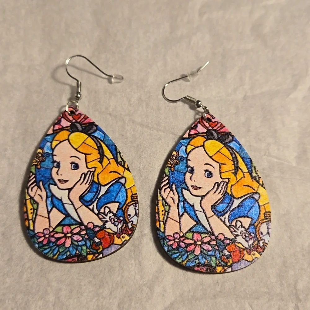 3 /$15 New Alice in Wonderland Wooden Earrings - Picture 2 of 4